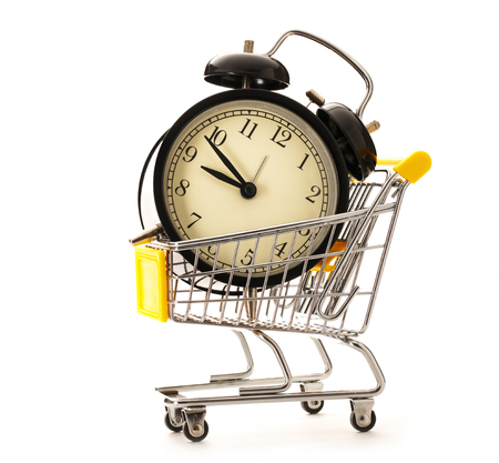 Market pushcart with clock on white background closeupの写真素材
