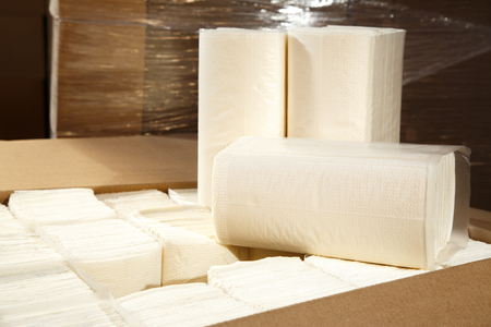 Paper napkins and towels packed in closeupの写真素材