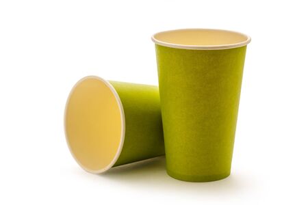 Green paper cups on white backgroundの写真素材