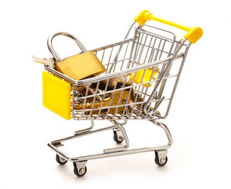 Market pushcart with keys and lock in closeupの写真素材