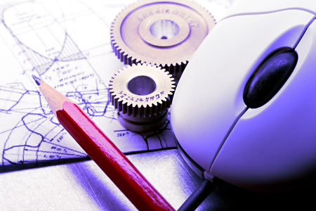 Mechanical ratchets, drafting and mouse in closeupの写真素材