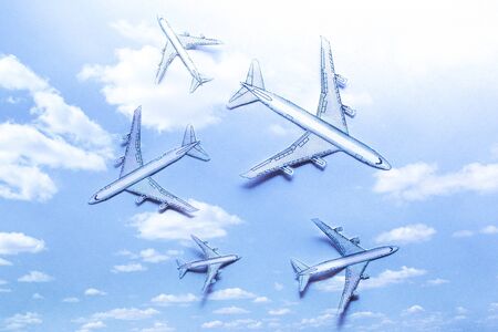 Set of small paper airplanes in blueの写真素材