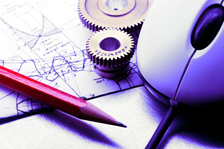 Mechanical ratchets, drafting and mouse in closeupの写真素材