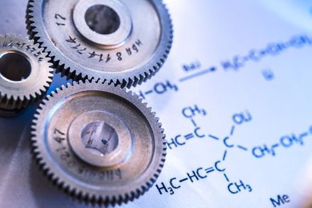 Chemicals reaction formula and mechanical ratchets in toningの写真素材
