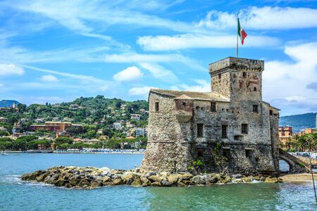 Italian old town Rapallo castle view in summerの写真素材