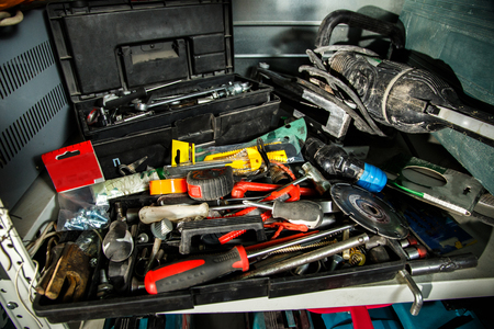 Workshop scene. Tools placed on the shelves.の写真素材