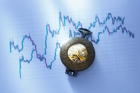 Candle stick graph chart of stock market investment trading with a clock