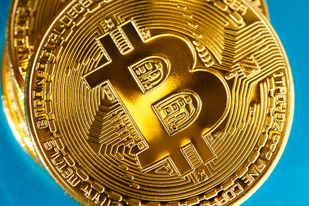 Bitcoin coins in closeupの写真素材