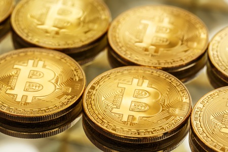 Bitcoin coins in closeupの写真素材