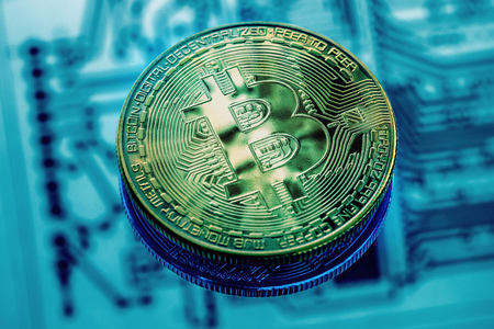 Bitcoin coin in closeupの写真素材