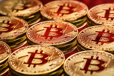 Bitcoin coins in closeupの写真素材