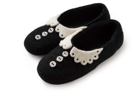 Felt slippers on white background in closeupの写真素材
