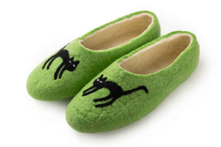 Felt slippers on white background in closeupの写真素材