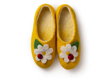 Felt slippers on white background in closeupの写真素材