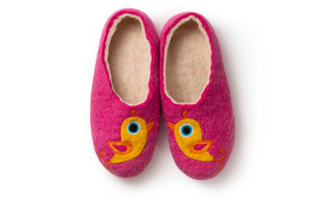 Felt slippers on white background in closeupの写真素材
