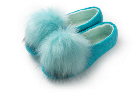 Felt slippers on white background in closeupの写真素材