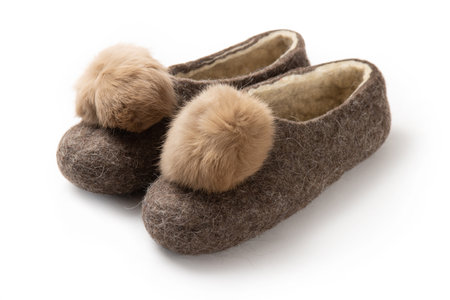 Felt slippers on white background in closeupの写真素材