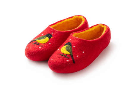 Felt slippers on white background in closeupの写真素材