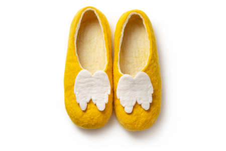 Felt slippers on white background in closeupの写真素材
