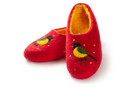 Felt slippers on white background in closeupの写真素材