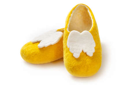 Felt slippers on white background in closeupの写真素材