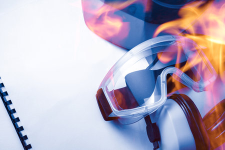 Safety goggles, earphones and red helmet in closeup