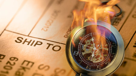 Burning pocket watch on post envelope labelの写真素材
