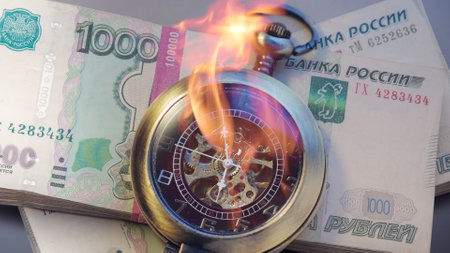 Burning pocket watch with pile of money in wrapperの写真素材