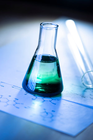Chemical tubes with reaction formulasの写真素材
