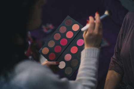 Palette in the cosmetologist's hands with a brushの写真素材