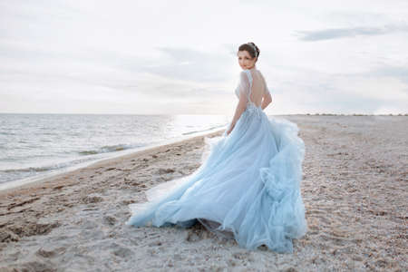 Adorable bride in a blue dress turned around standing on the beachの写真素材