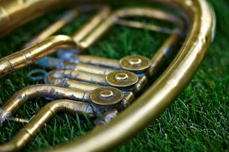 Part of a brass musical instrument, French horn on a lawnの写真素材