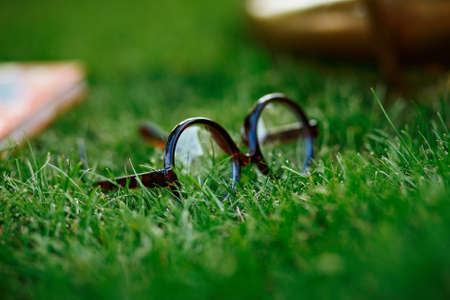 Kids glasses lie on a green lawn close upの写真素材