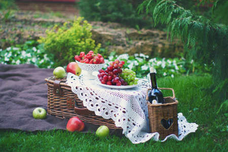 Romantic picnic in the garden with fruits and bottle of wine in the basketの写真素材