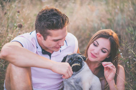 Guy and a girl are resting in the meadow with the dogの写真素材