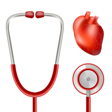 Heart Health And Stethoscope Isolated On A White Background. Realistic Vector Illustration.のイラスト素材