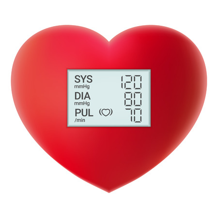 Arterial Blood Pressure Checking Concept. Digital Tonometer On Red Heart Isolated On A White Background. Realistic Vector Illustration.の写真素材