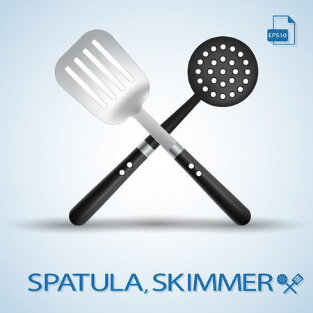 Kitchen Tools Crossed Spatula And Skimmer Isolated On A Background. Realistic Vector Illustration.のイラスト素材