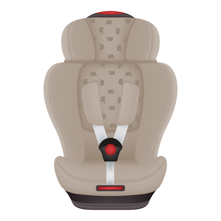 Beige Child Car Seat With Elephants Isolated On A White Background. Realistic Vector Illustration. Baby Car Seatのイラスト素材