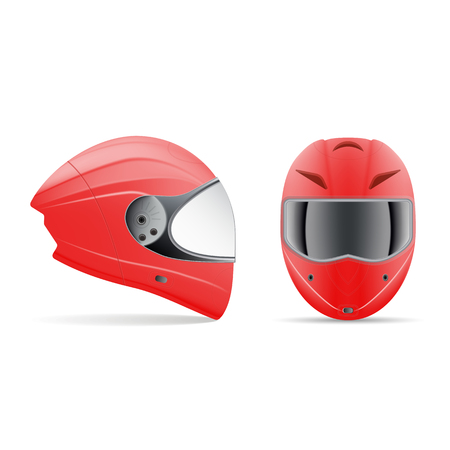 High Quality Red Motorcycle Helmet. Front And Side View Isolated On A White Background. Vector Illustration. Sport Conceptのイラスト素材