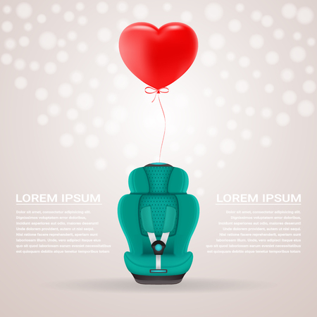 Green Child Car Seat With Red Baloon In Shape Of Heart Isolated On A Background. Vector Illustration. Products For Childrenのイラスト素材