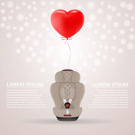 Beige Child Car Seat With Red Baloon In Shape Of Heart Isolated On A Background. Vector Illustration. Products For Childrenのイラスト素材