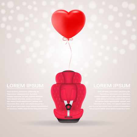Red Child Car Seat With Red Baloon In Shape Of Heart Isolated On A Background. Vector Illustration. Products For Childrenのイラスト素材