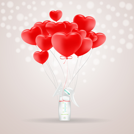 Manual Breast Pump To Increase Milk Supply For Breastfeeding Mother And Child Feeding Bottle With Breastmilk With Baloons Isolated On A Background. Vector Illustration. Products For Childrenのイラスト素材