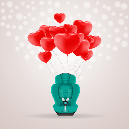 Green Child Car Seat With Red Baloons In Shape Of Heart Isolated On A Background. Vector Illustration. Products For Childrenのイラスト素材