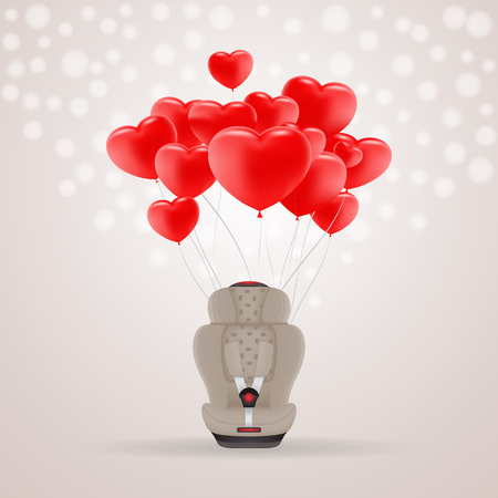 Beige Child Car Seat With Red Baloons In Shape Of Heart Isolated On A Background. Vector Illustration. Products For Childrenのイラスト素材
