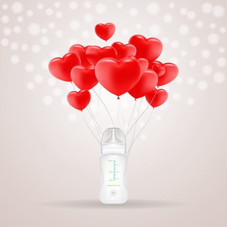 Baby Milk Bottle With Red Baloons In Shape Of Heart Isolated On A Background. Vector Illustration. Products For Childrenのイラスト素材