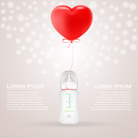 Baby Milk Bottle With Red Baloon In Shape Of Heart Isolated On A Background. Vector Illustration. Products For Childrenのイラスト素材