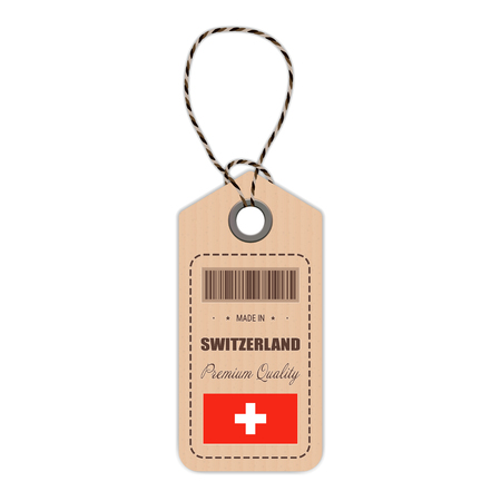 Hang Tag Made In Switzerland With Flag Icon Isolated On A White Background. Vector Illustration. Made In Badge. Business Concept. Buy products made in Switzerland. Use For Brochures, Printed Materialのイラスト素材