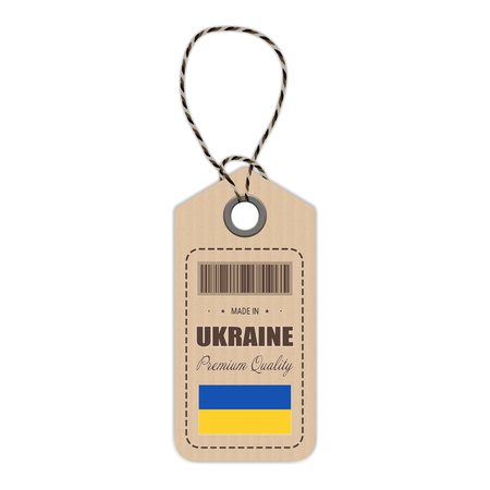 Hang Tag Made In Ukraine With Flag Icon Isolated On A White Background. Vector Illustration. Made In Badge. Business Concept. Buy products made in Ukraine. Use For Brochures, Printed Materialsのイラスト素材